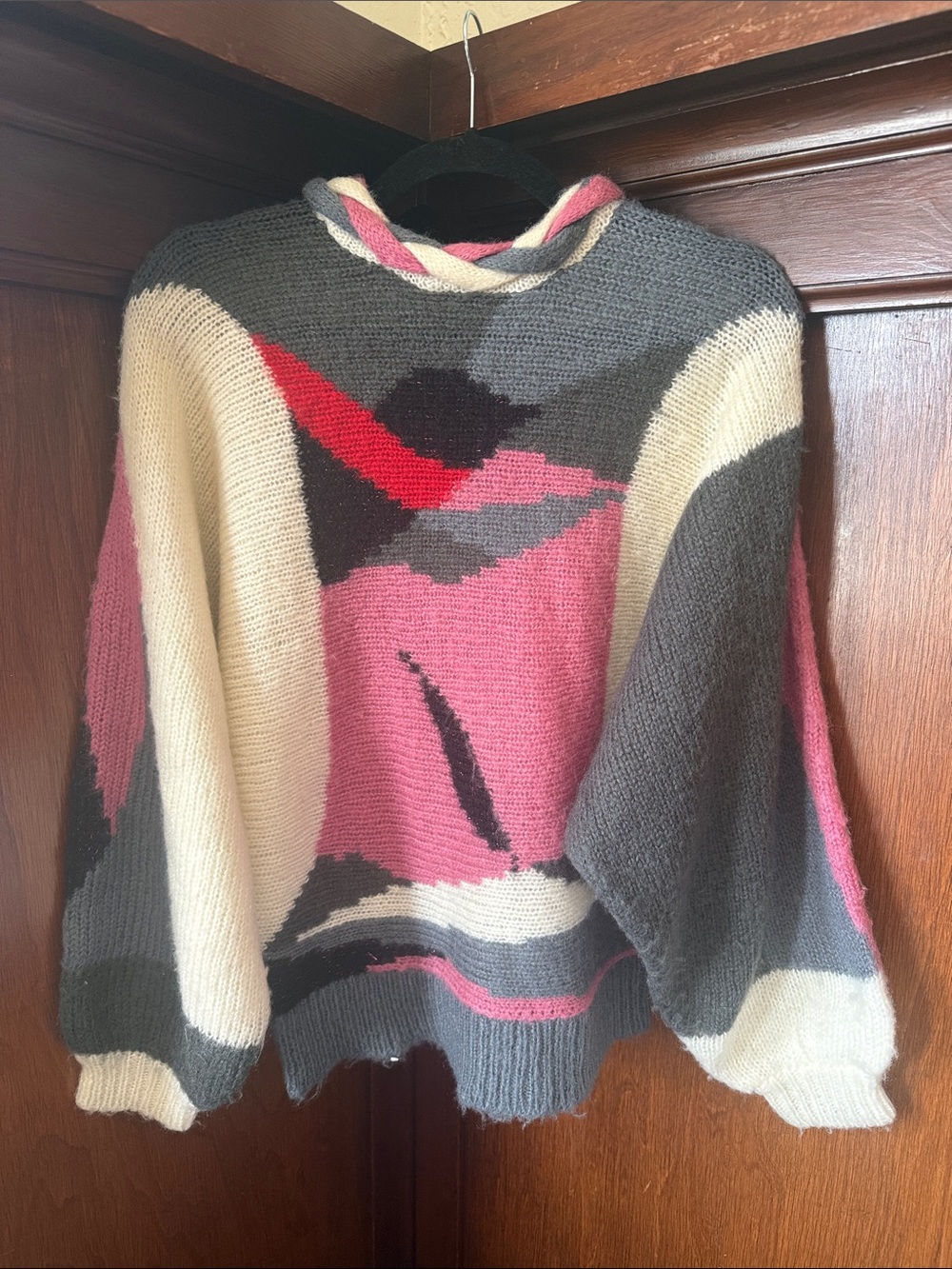 Vintage Abstract Colorblock Knit Sweater - Pink/Gray/Cream